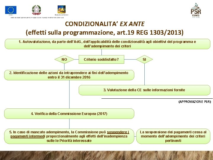 CONDIZIONALITA’ EX ANTE (effetti sulla programmazione, art. 19 REG 1303/2013) 1. Autovalutazione, da parte