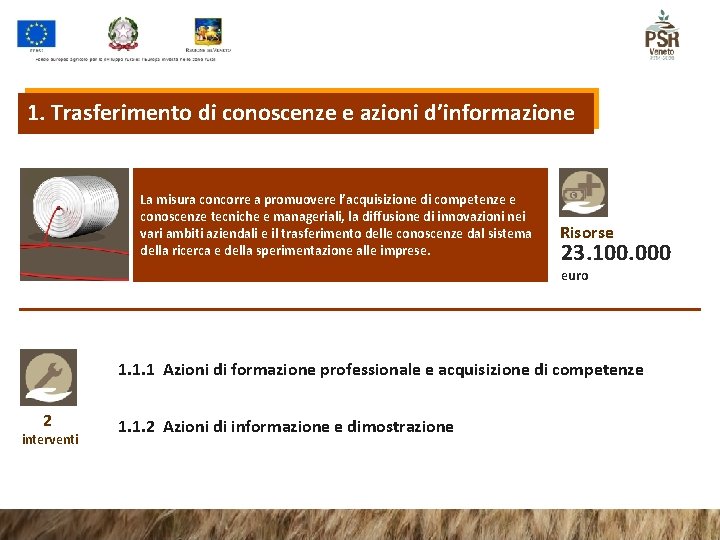 1. Trasferimento di conoscenze e azioni d’informazione La misura concorre a promuovere l’acquisizione di 1. Trasferimento di conoscenze e azioni d’informazione La misura concorre a promuovere l’acquisizione di