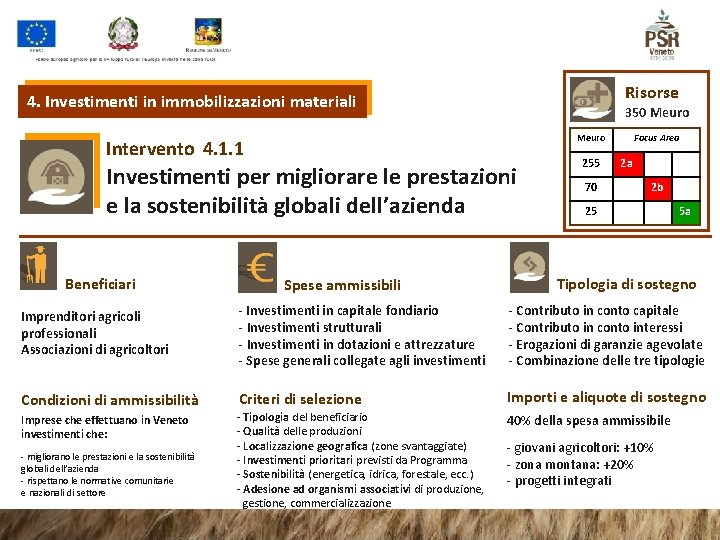 Risorse 4. Investimenti in immobilizzazioni materiali 350 Meuro Intervento 4. 1. 1 Investimenti per