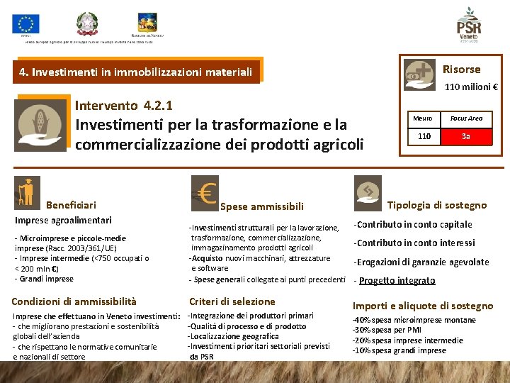 Risorse 4. Investimenti in immobilizzazioni materiali 110 milioni € Intervento 4. 2. 1 Investimenti