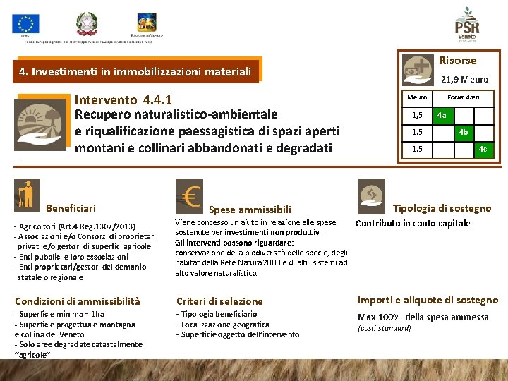 Risorse 4. Investimenti in immobilizzazioni materiali Intervento 4. 4. 1 Recupero naturalistico-ambientale e riqualificazione