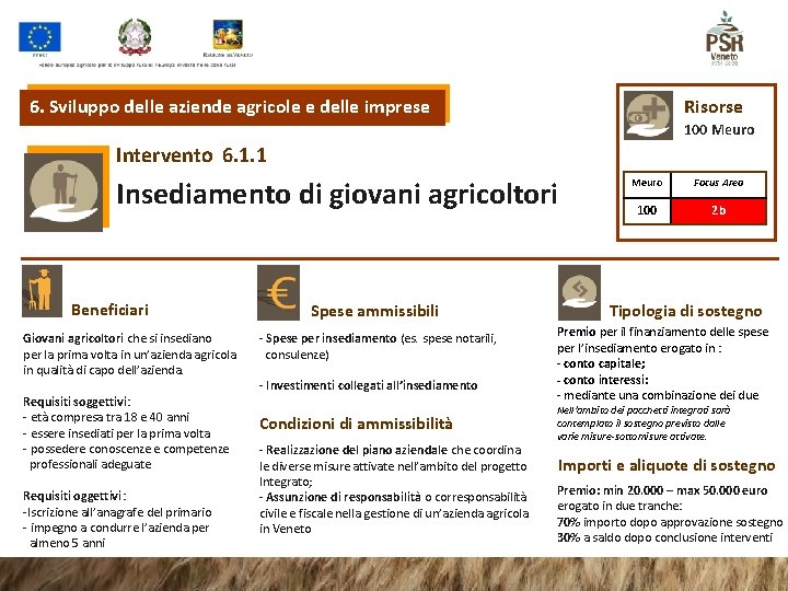 6. Sviluppo delle aziende agricole e delle imprese Risorse 100 Meuro Intervento 6. 1.