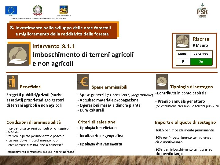 8. Investimento nello sviluppo delle aree forestali e miglioramento della redditività delle foreste Risorse