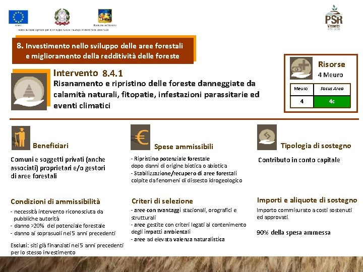 8. Investimento nello sviluppo delle aree forestali e miglioramento della redditività delle foreste Risorse