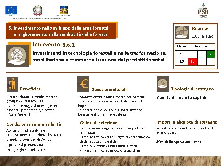 8. Investimento nello sviluppo delle aree forestali Risorse e miglioramento della redditività delle foreste