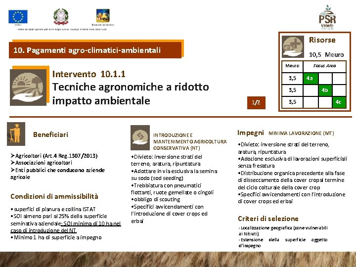 Risorse 10. Pagamenti agro-climatici-ambientali 10, 5 Meuro Intervento 10. 1. 1 Tecniche agronomiche a