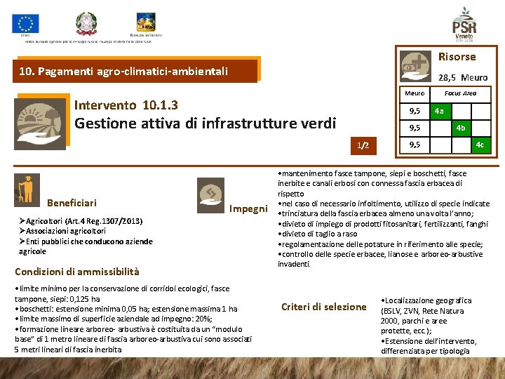 Risorse 10. Pagamenti agro-climatici-ambientali 28, 5 Meuro Intervento 10. 1. 3 9, 5 Gestione