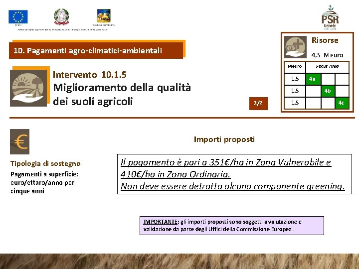 Risorse 10. Pagamenti agro-climatici-ambientali 4, 5 Meuro Intervento 10. 1. 5 Miglioramento della qualità