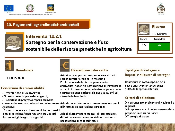 10. Pagamenti agro-climatici-ambientali Risorse 1. 5 Meuro Intervento 10. 2. 1 Sostegno per la