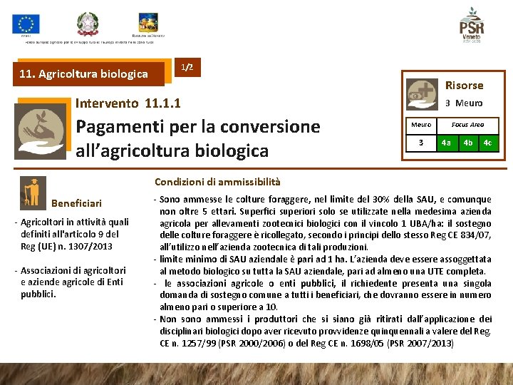 11. Agricoltura biologica 1/2 Risorse Intervento 11. 1. 1 Pagamenti per la conversione all’agricoltura