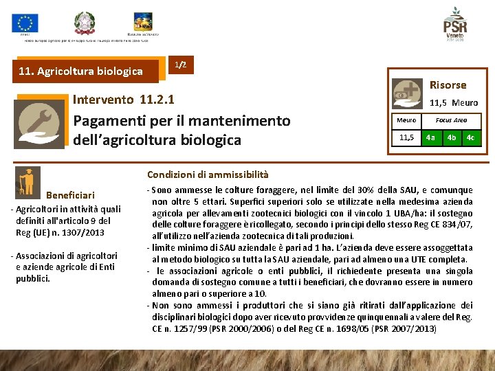 11. Agricoltura biologica 1/2 Risorse Intervento 11. 2. 1 Pagamenti per il mantenimento dell’agricoltura 11. Agricoltura biologica 1/2 Risorse Intervento 11. 2. 1 Pagamenti per il mantenimento dell’agricoltura