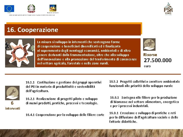 16. Cooperazione La misura si sviluppa in interventi che sostengono forme di cooperazione e