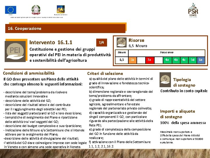 16. Cooperazione Intervento 16. 1. 1 Costituzione e gestione dei gruppi operativi del PEI