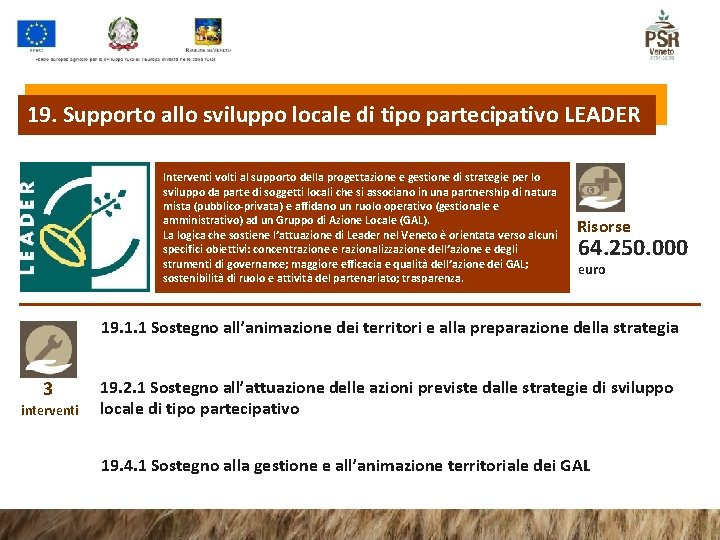 19. Supporto allo sviluppo locale di tipo partecipativo LEADER Interventi volti al supporto della