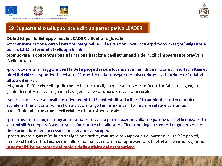 19. Supporto allo sviluppo locale di tipo partecipativo LEADER Obiettivi per lo Sviluppo locale