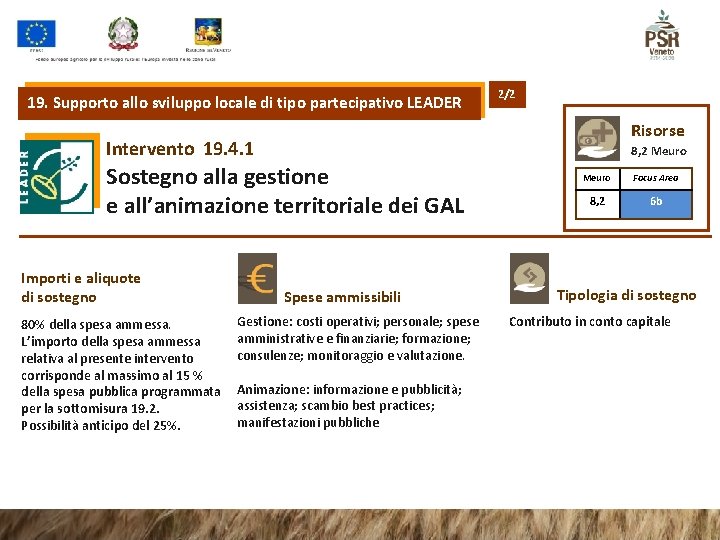 19. Supporto allo sviluppo locale di tipo partecipativo LEADER 2/2 Risorse Intervento 19. 4.