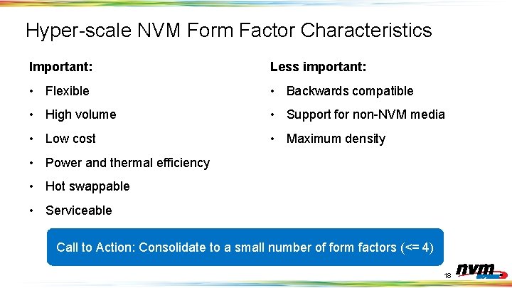 Hyper-scale NVM Form Factor Characteristics Important: Less important: • Flexible • Backwards compatible •