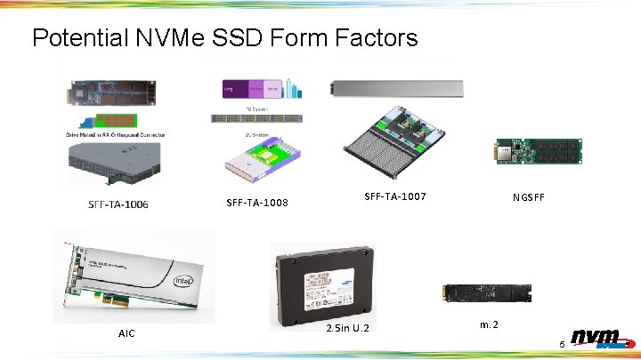 Potential NVMe SSD Form Factors SFF-TA-1008 AIC SFF-TA-1007 2. 5 in U. 2 NGSFF Potential NVMe SSD Form Factors SFF-TA-1008 AIC SFF-TA-1007 2. 5 in U. 2 NGSFF