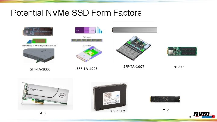 Potential NVMe SSD Form Factors SFF-TA-1008 AIC SFF-TA-1007 2. 5 in U. 2 NGSFF