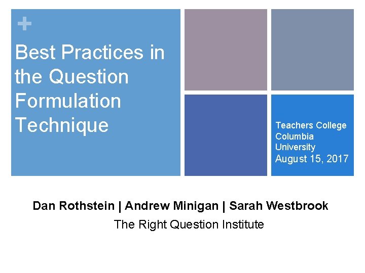 + Best Practices in the Question Formulation Technique Teachers College Columbia University August 15,