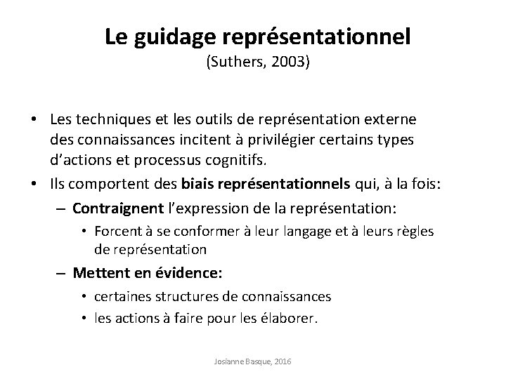 Le guidage représentationnel (Suthers, 2003) • Les techniques et les outils de représentation externe