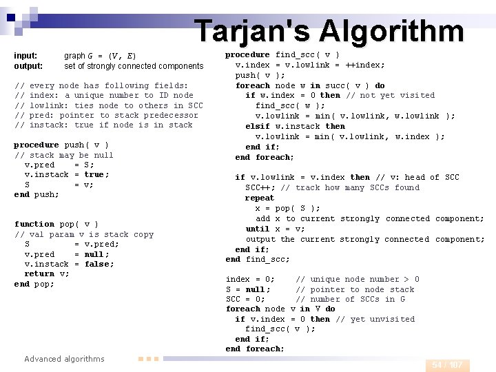 Tarjan's Algorithm input: output: // // // graph G = (V, E) set of