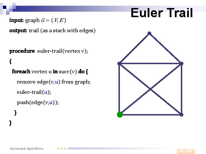 input: graph G = (V, E ) Euler Trail output: trail (as a stack