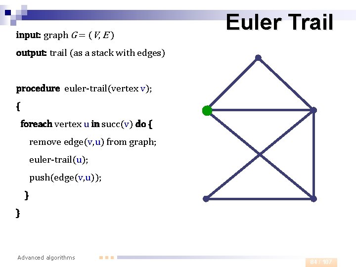 input: graph G = (V, E ) Euler Trail output: trail (as a stack