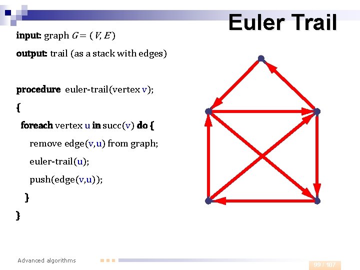 input: graph G = (V, E ) Euler Trail output: trail (as a stack