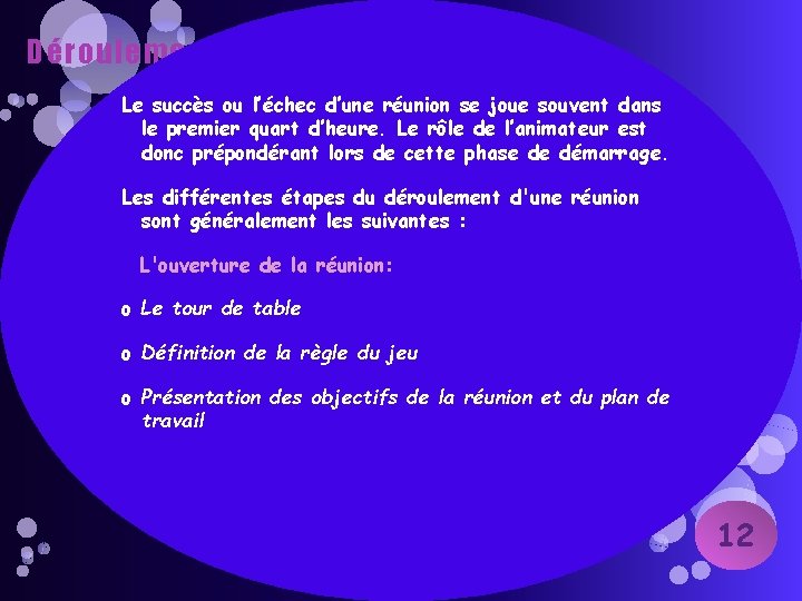 Déroulement de la réunion (1/3): Le succès ou l’échec d’une réunion se joue souvent