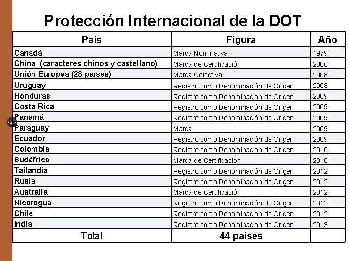 Protección Internacional de la DOT País Canadá China (caracteres chinos y castellano) Unión Europea