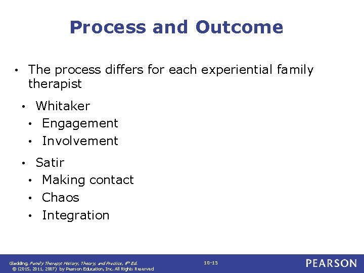 Process and Outcome The process differs for each experiential family therapist • • Whitaker