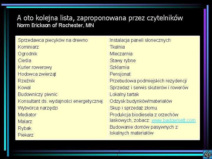 A oto kolejna lista, zaproponowana przez czytelników Norm Erickson of Rochester, MN Sprzedawca piecyków