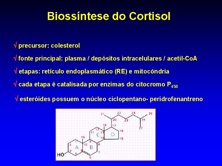 Biossíntese do Cortisol precursor: colesterol fonte principal: plasma / depósitos intracelulares / acetil-Co. A