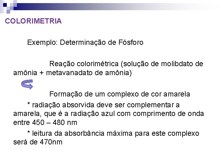 COLORIMETRIA Exemplo: Determinação de Fósforo Reação colorimétrica (solução de molibdato de amônia + metavanadato