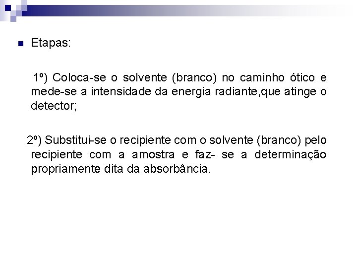 n Etapas: 1º) Coloca-se o solvente (branco) no caminho ótico e mede-se a intensidade