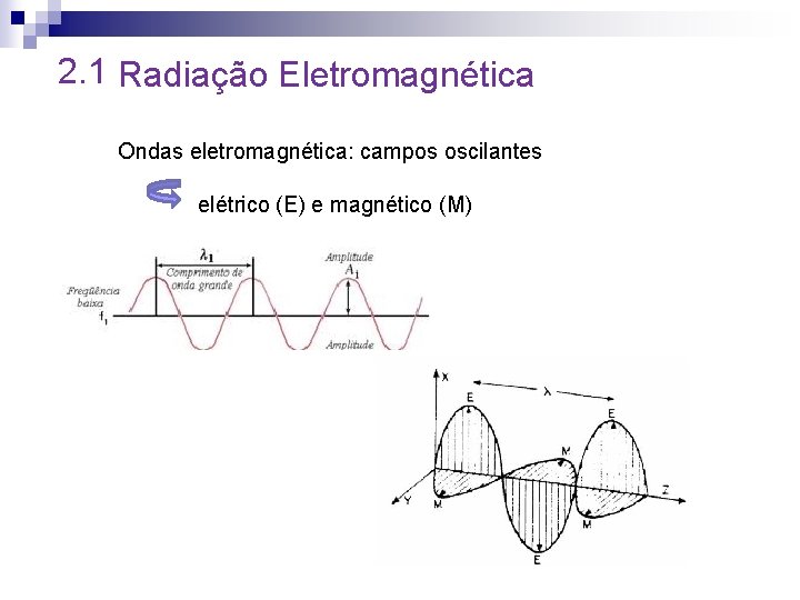 2. 1 Radiação Eletromagnética Ondas eletromagnética: campos oscilantes elétrico (E) e magnético (M) 