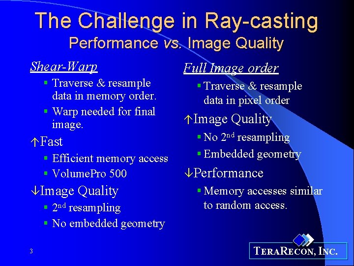 The Challenge in Ray-casting Performance vs. Image Quality Shear-Warp § Traverse & resample data