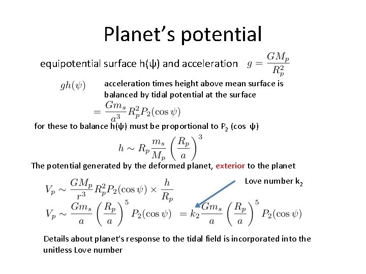 Planet’s potential equipotential surface h(ψ) and acceleration times height above mean surface is balanced