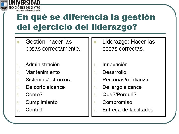 En qué se diferencia la gestión del ejercicio del liderazgo? l Gestión: hacer las