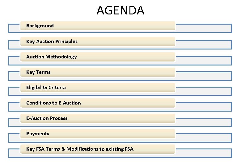 AGENDA Background Key Auction Principles Auction Methodology Key Terms Eligibility Criteria Conditions to E-Auction