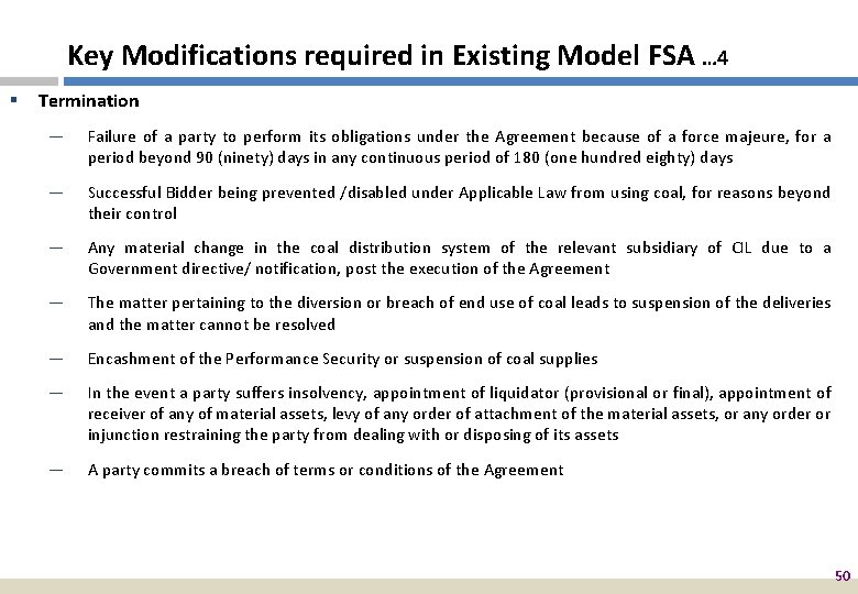 Key Modifications required in Existing Model FSA … 4 § Termination — Failure of