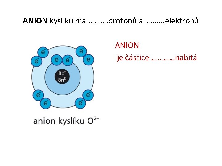 ANION kyslíku má ………. protonů a ………. elektronů ANION je částice …………nabitá 