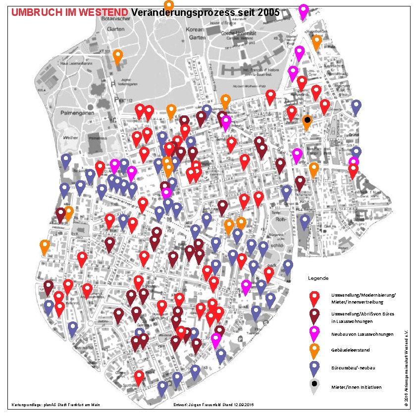 UMBRUCH IM WESTEND Veränderungsprozess seit 2005 1 Legende Umwandlung/Modernisierung/ Mieter/innenvertreibung Neubau von Luxuswohnungen Gebäudeleerstand