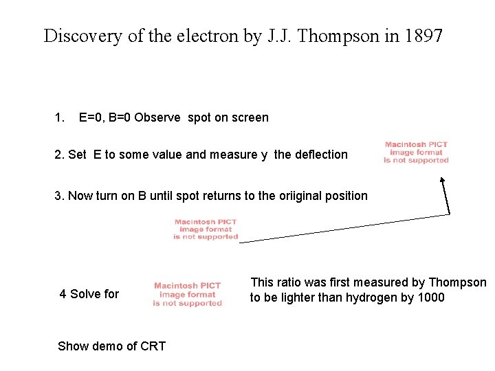 Discovery of the electron by J. J. Thompson in 1897 1. E=0, B=0 Observe Discovery of the electron by J. J. Thompson in 1897 1. E=0, B=0 Observe