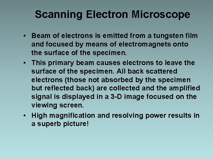 Scanning Electron Microscope • Beam of electrons is emitted from a tungsten film and