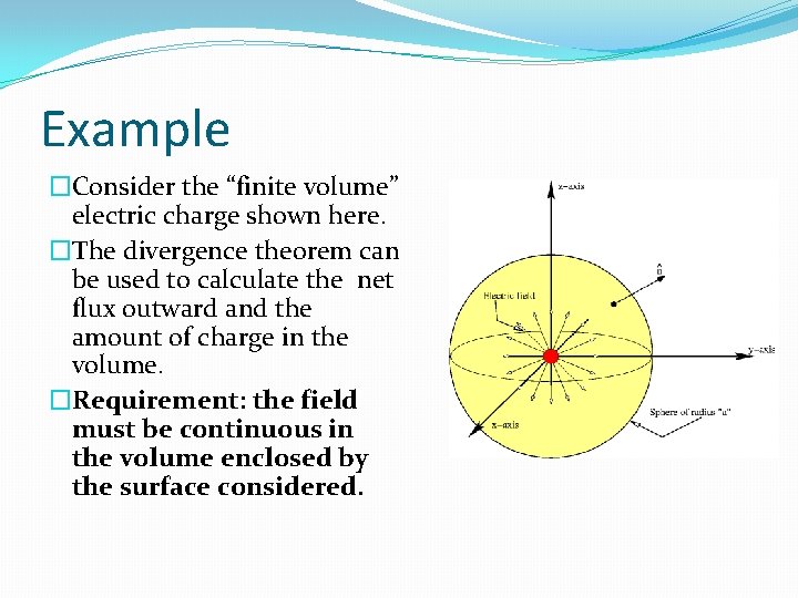 Example �Consider the “finite volume” electric charge shown here. �The divergence theorem can be