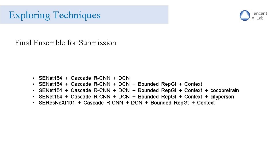 Exploring Techniques Final Ensemble for Submission • • • SENet 154 + Cascade R-CNN