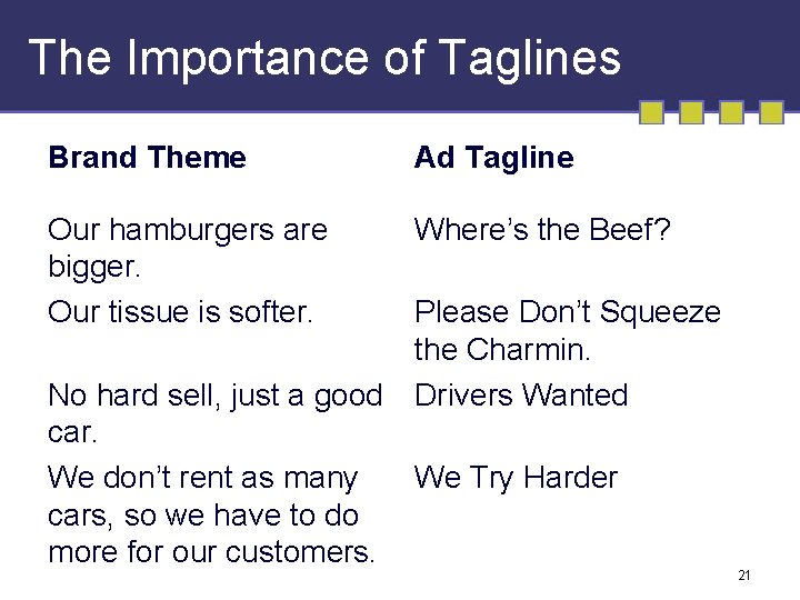 The Importance of Taglines Brand Theme Ad Tagline Our hamburgers are bigger. Our tissue The Importance of Taglines Brand Theme Ad Tagline Our hamburgers are bigger. Our tissue