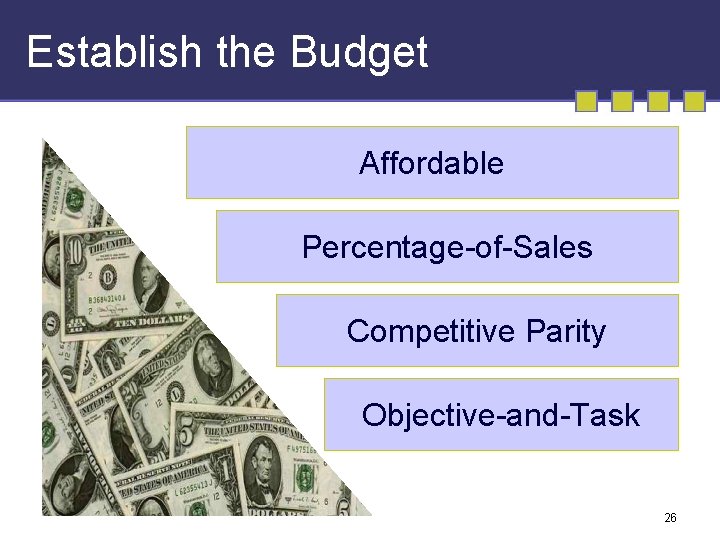 Establish the Budget Affordable Percentage-of-Sales Competitive Parity Objective-and-Task 26 Establish the Budget Affordable Percentage-of-Sales Competitive Parity Objective-and-Task 26